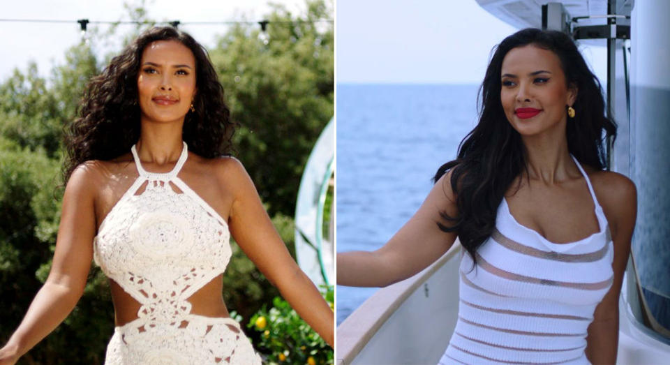 Maya Jama returns to the Love Island villa with a bang in two white summer dresses. (Shutterstock)