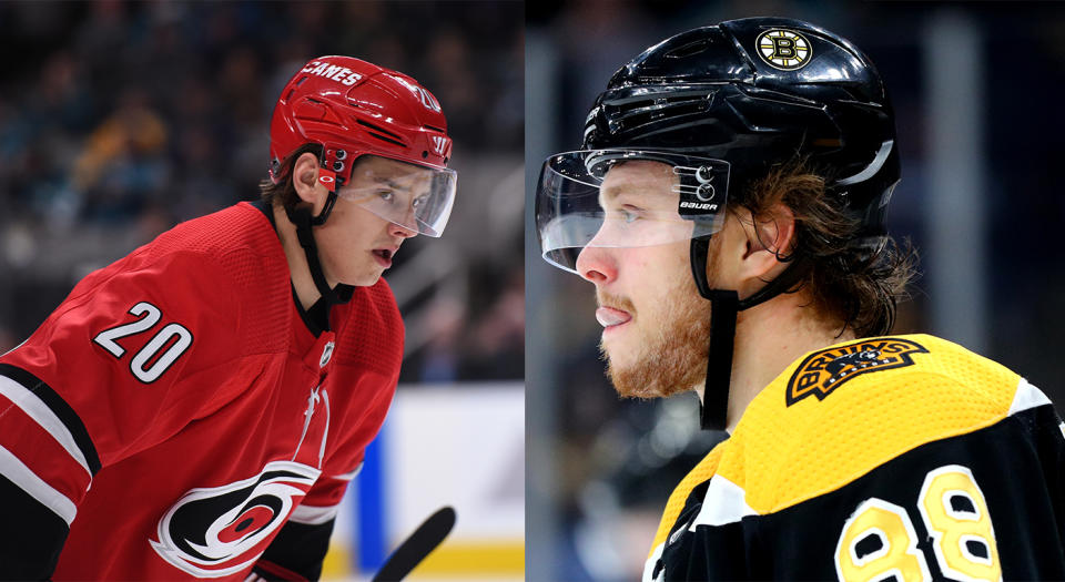 There’s good reason that Carolina’s Sebastian Aho (left) and Boston’s David Pastrnak have the potential to be pretty decent KHL players if the opportunity presented itself. (Getty Images)