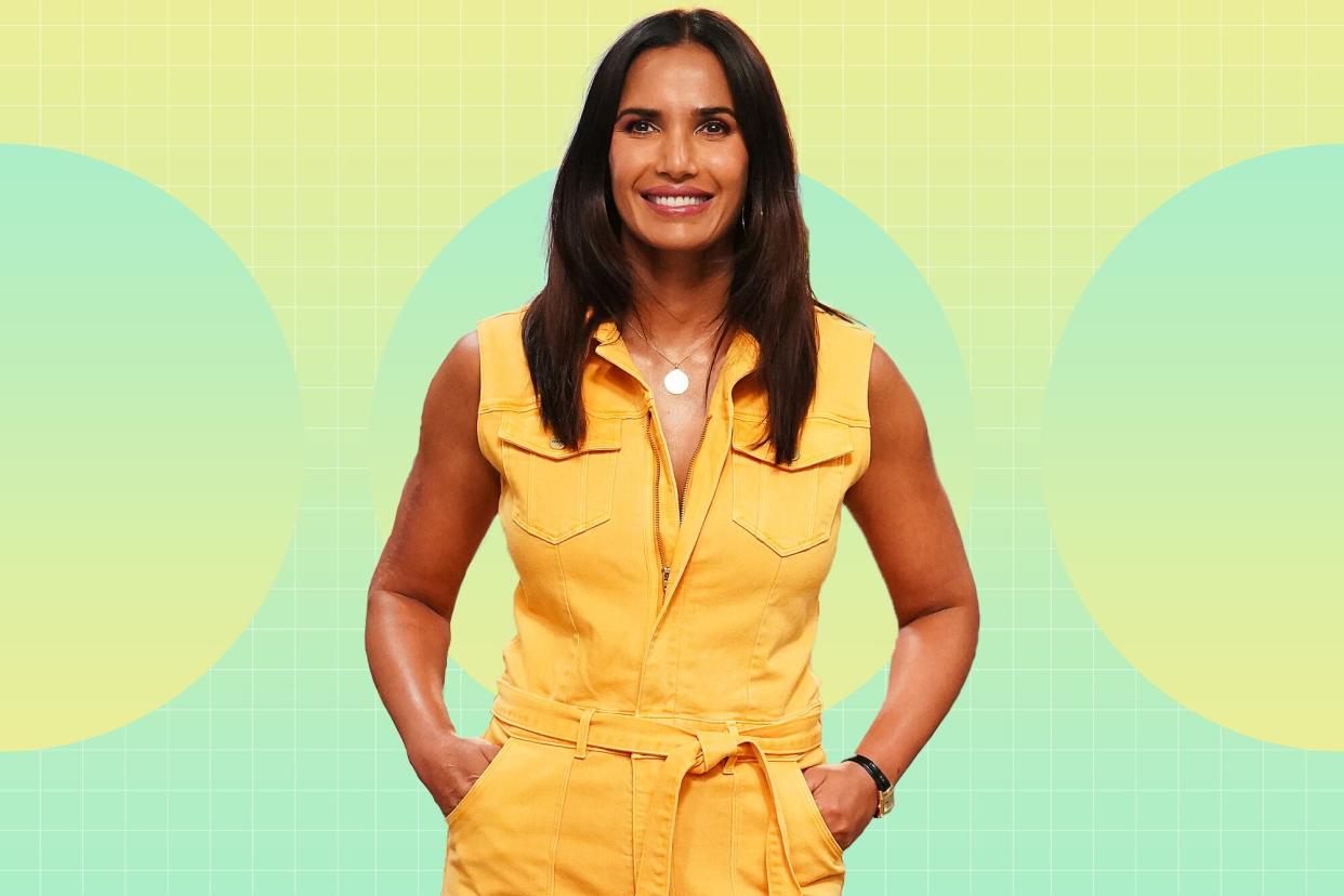 Padma Lakshmi on a designed background