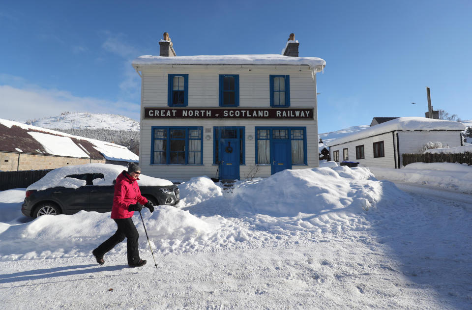 Snowy conditions in Braemar, Aberdeenshire, which had an overnight temperature of minus 23.0C (minus 9.4F). The village, which is near Balmoral Castle, the summer residence of Queen Elizabeth II, recorded the lowest temperature in the UK in more than two decades, following an 