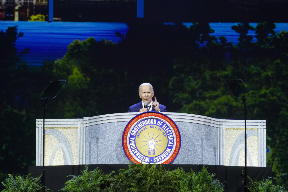 President Joe Biden speaks at the 40th International Brotherhood of Electrical Workers (IBEW) International Convention at McCormick Place, Wednesday, May 11, 2022, in Chicago. (AP Photo/Andrew Harnik)