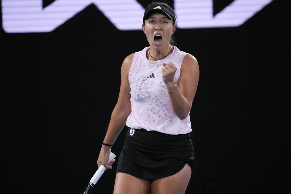 Jessica Pegula of the U.S. celebrates after defeating Aliaksandra Sasnovich of Belarus during their second round match at the Australian Open tennis championship in Melbourne, Australia, Wednesday, Jan. 18, 2023. (AP Photo/Dita Alangkara)