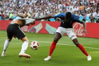 <p>Blaise Matuidi of France battles for possession with Nicolas Otamendi (left) of Argentina </p>