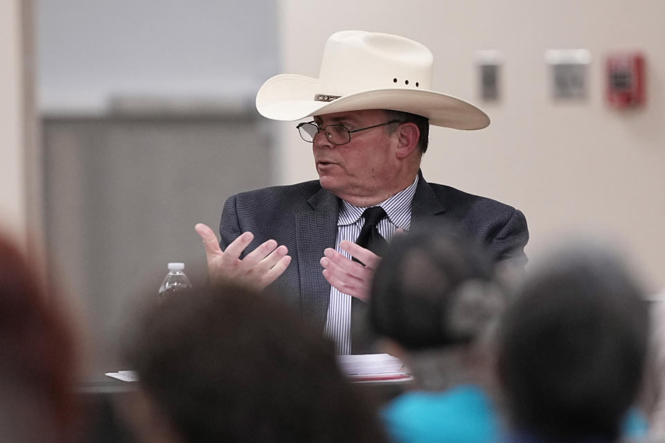 Jesse Prado, an Austin-based investigator shares his findings at a special city council meeting in Uvalde, Texas, Thursday, March 7, 2024. (AP Photo/Eric Gay)