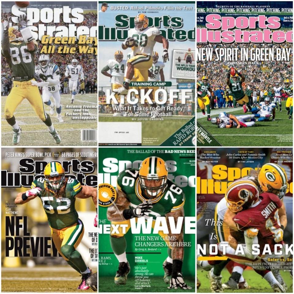 Packers featured on Sports Illustrated have included (clockwise from upper left) Antonio Freeman, Ahman Green, Charles Woodson, Clay Matthews, Mike Daniels and Matthews again.