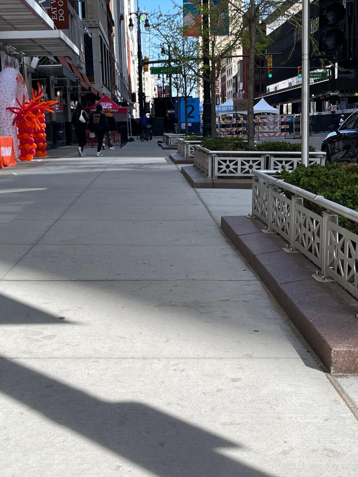 A smooth sidewalk along Woodward Avenue in front of the new Dunkin' that extends north for a couple of blocks ahead of the 2024 NFL draft in Detroit in a photo taken and posted on X by Randy Essex, an editor at the Detroit Free Press.