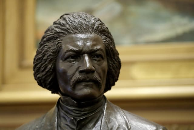 A bronze statue of abolitionist Frederick Douglass