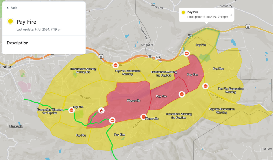 Initial evacuation zones for the Pay Fire, burning north of Placerville in El Dorado County, on Saturday, July 6, 2024. The red area indicates a mandatory evacuation; yellow areas are under voluntary evacuations as of 7:30 p.m.