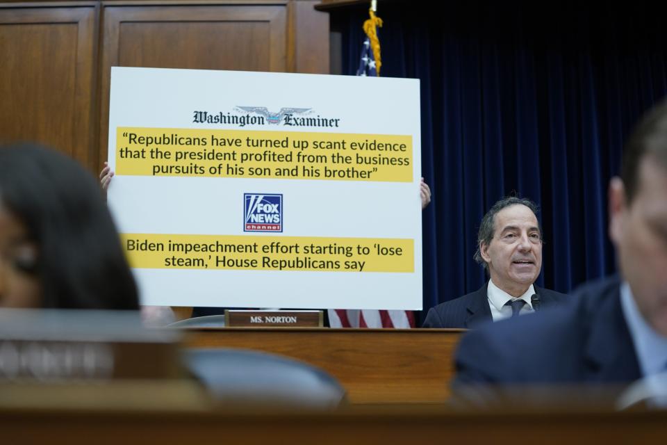 Rep. Jamie Raskin, D-Md., devivers remarks at the House Committee on Oversight and Accountability hearing examining potential abuse of public office by Joe Biden on March 20, 2024.