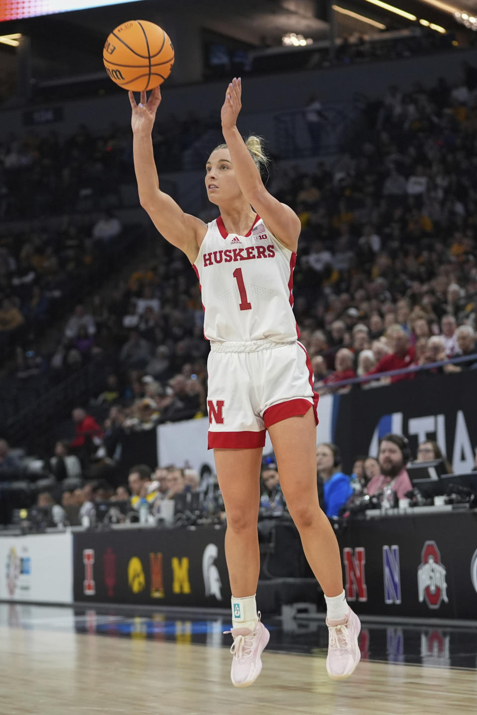 Nebraska guard Jaz Shelley (1) shoots during the second half of an NCAA college basketball game against Maryland in the semifinals of the Big Ten women's tournament Saturday, March 9, 2024, in Minneapolis. (AP Photo/Abbie Parr)