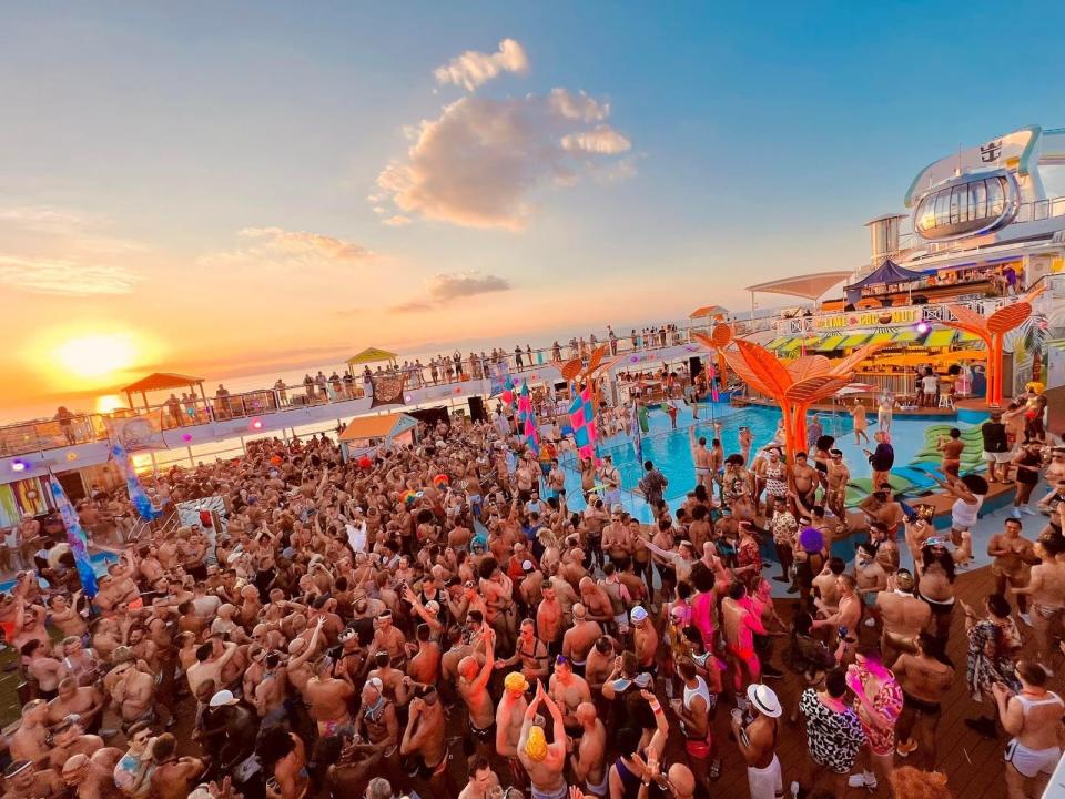 a crowded deck on a cruise ship