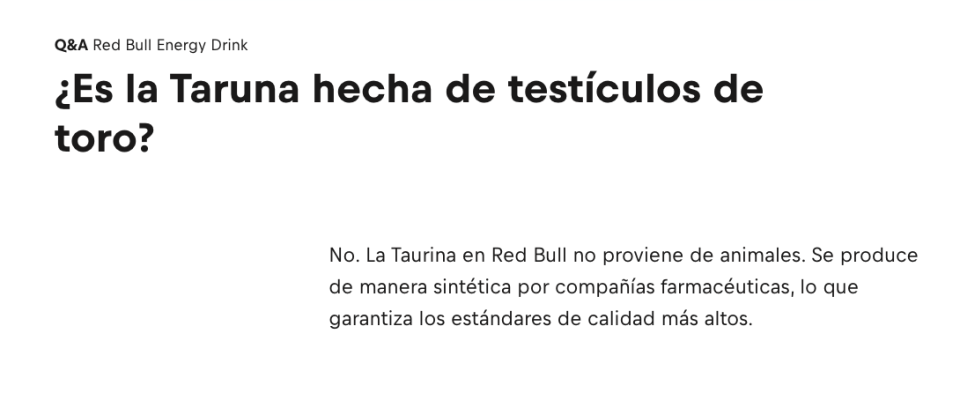 Sección de preguntas y respuestas de Red Bull sobre la taurina (captura pantalla)