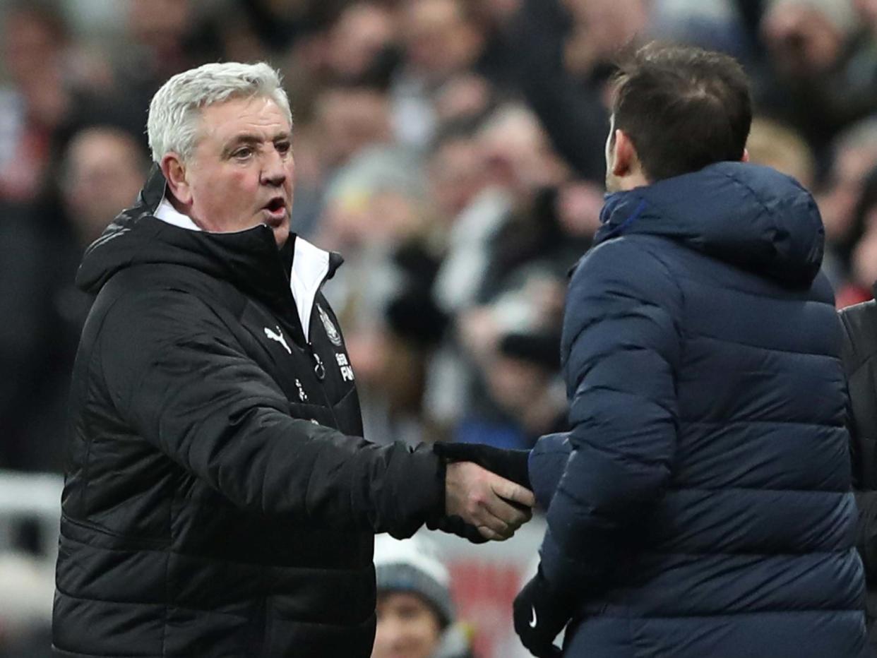 Newcastle United manager Steve Bruce shakes hands with Chelsea manager Frank Lampard: REUTERS