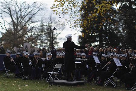 The U.S. Marine Corp Band performs at the Gettysburg National Cemetery in Pennsylvania November 19, 2013, the burial ground for Civil War Union soldiers in which U.S. President Abraham Lincoln travelled to in 1863 to deliver a few concluding remarks at a formal dedication. REUTERS/Gary Cameron