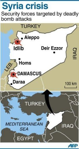 Map of Syria locating Idlib. Twin blasts targeting security buildings killed more than 20 people in the northwest Syrian city of Idlib, as an explosion was also reported in the capital, according to the Syrian Observatory for Human Rights