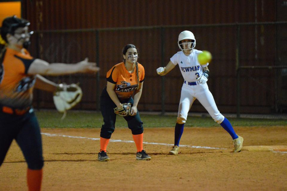 Cardinal Newman's Reese Khanna gets ready to run to second base against John I. Leonard on Feb. 12, 2024.