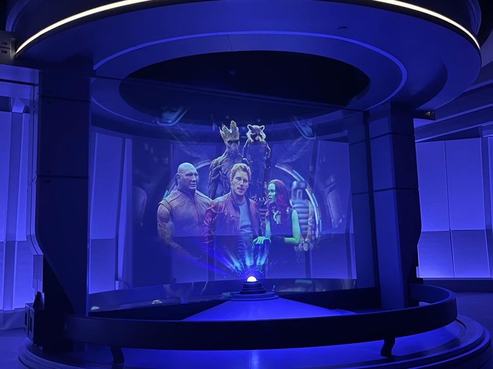 guardians of the galaxy being projected at the end of the cosmic rewind ride at disney