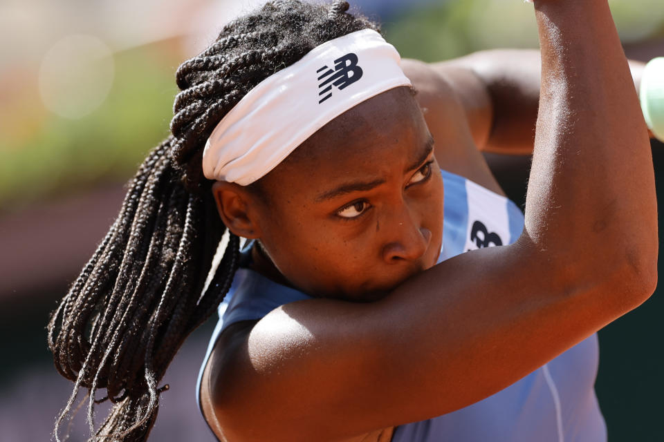 Coco Gauff of the U.S. plays a shot against Spain's Rebeka Masarova during their first round match of the French Open tennis tournament at the Roland Garros stadium in Paris, Tuesday, May 30, 2023. (AP Photo/Jean-Francois Badias)