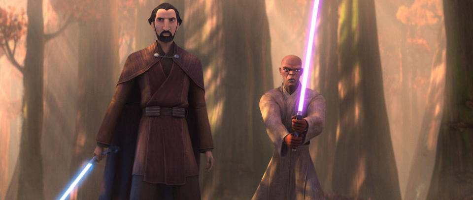 Count Dooku (Corey Burton) and Mace Windu (TC Carson) in Tales of the Jedi. (Image: Disney+) 