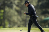 Phil Mickelson reacts on the 18th hole during the final round of the Masters golf tournament at Augusta National Golf Club on Sunday, April 9, 2023, in Augusta, Ga. (AP Photo/David J. Phillip)