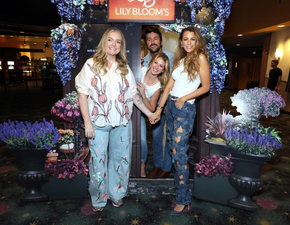 GRAPEVINE, TEXAS - JUNE 15: (EXCLUSIVE COVERAGE) Colleen Hoover, Brandon Sklenar, Isabela Ferrer and Blake Lively seen at a surprise screening of IT ENDS WITH US, in theaters August 9 from Columbia Pictures at AMC Grapevine Mills 24 on June 15, 2024 in Grapevine, Texas. (Photo by Eric Charbonneau/Getty Images for Sony Pictures)