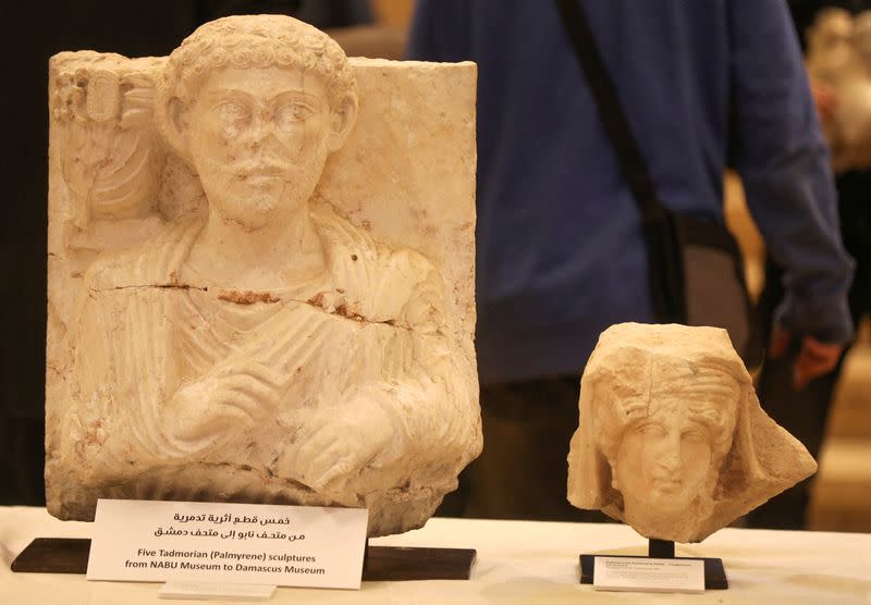 Roman artifacts from the ancient city of Palmyra are pictured during a handover ceremony hosted by Lebanon's National Museum in Beirut