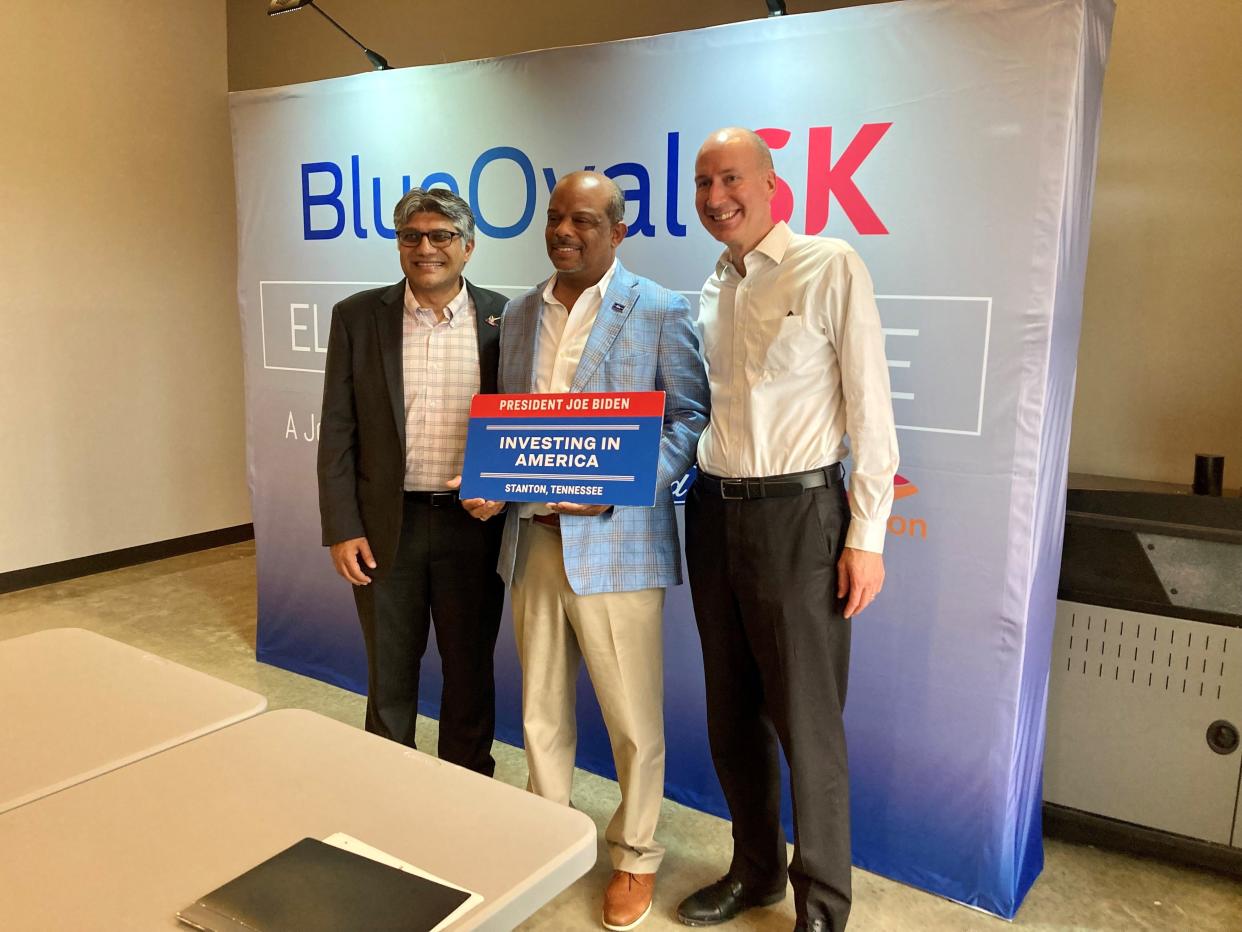 U.S. Department of Energy’s Loan Program Officer Director Jigar Shah, from left, Brownsville Mayor Bill Rawls and U.S. Deputy Energy Secretary David Turk pose for a photo after a tour of BlueOval City's campus on July 29, 2023.