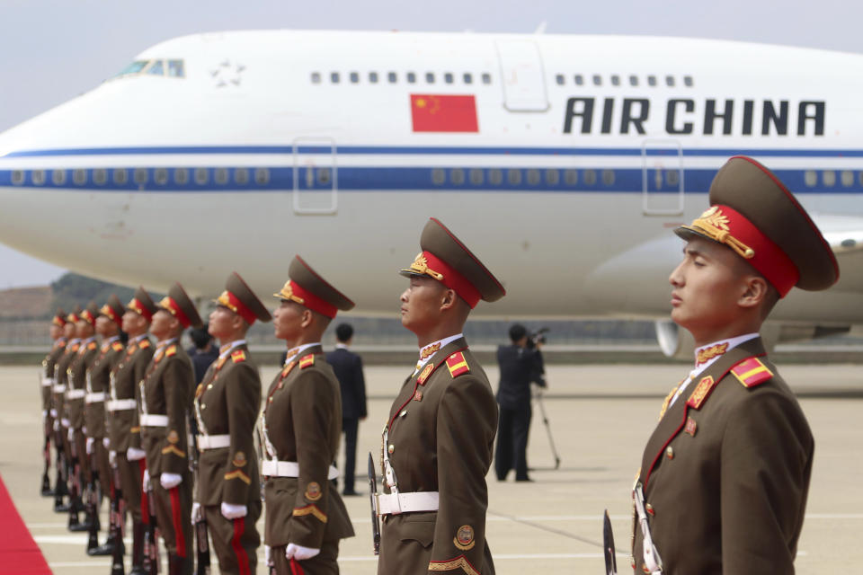 An airplane carrying a Chinese delegation headed by Zhao Leji, chairman of the National People’s Congress of China and considered the No. 3 official in the ruling Communist Party, arrives at the Pyongyang International Airport in Pyongyang, North Korea, Thursday, April 11, 2024. (AP Photo/Cha Song Ho)