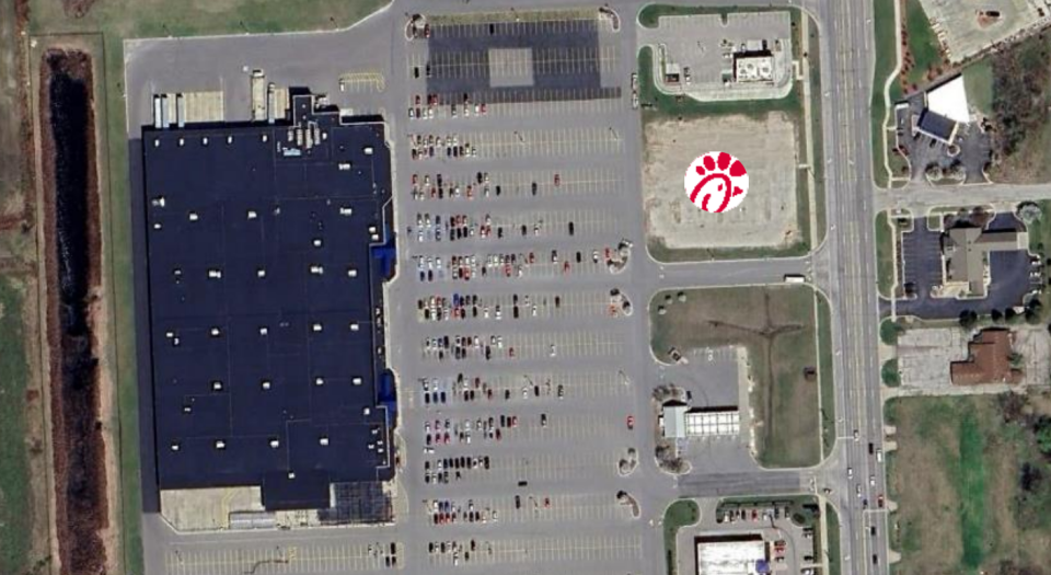 An aerial shot over the Meijer parking lot off 24th Avenue in Fort Gratiot shows the vacant lot where a Chick-fil-A has been proposed.