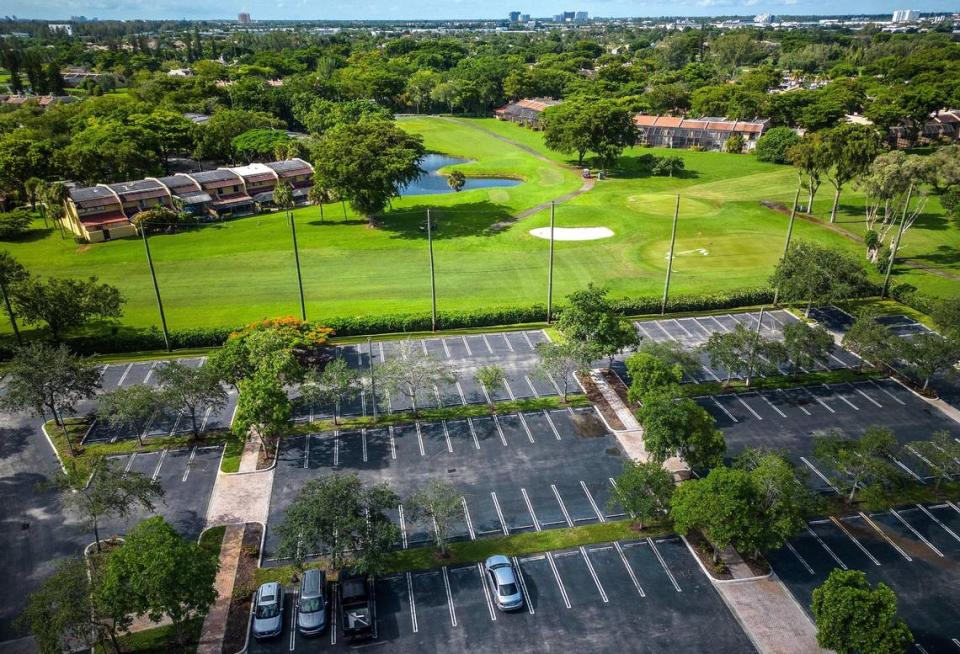 This is an Aug. 16, 2023 aerial view of a lot, in the front, next to the Costa Del Sol Golf Club owned by developer Edward Abbo of the Apollo Companies. Abbo wants to build the Oasis Doral, a 17-acre residential and commercial project that includes affordable housing.