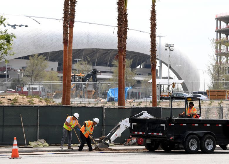 Construction at SoFi Stadium continues amidst the COVID-19 pandemic on March 31, 2020.