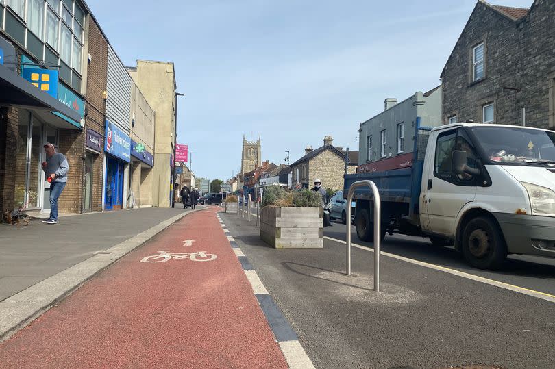 The new dashed line marking the edge of the cycle lane on Keynsham High Street -Credit:John Wimperis