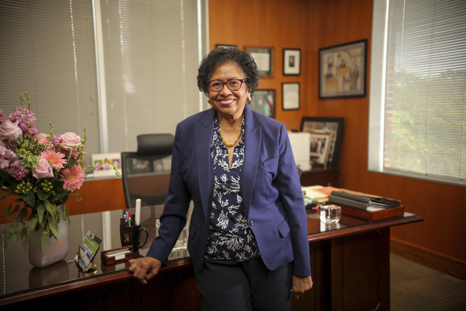 This 2021 photo shows Prairie View A&M University President Ruth Simmons in her office on the Prairie View, Texas, campus. Simmons, the president of the historically Black university in Texas, felt in December when she received a call informing her that the school would be gifted $50 million — not just the largest contribution it has ever received, but nearly 24 times larger than the previous recordholder, the famous $2.1 million gift from thrifty schoolteacher Whitlowe Green in 2005. (Michael T. Thomas/Prairie View A&M University Marketing and Communications via AP)