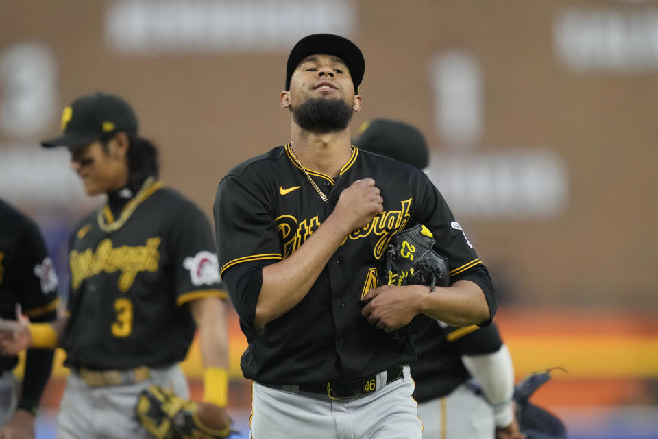 Pittsburgh Pirates relief pitcher Yohan Ramirez looks skyward after being relieved during the sixth inning of a baseball game against the Detroit Tigers, Tuesday, May 16, 2023, in Detroit. (AP Photo/Carlos Osorio)