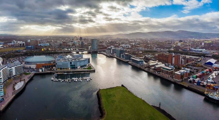 Aerial view of river and city