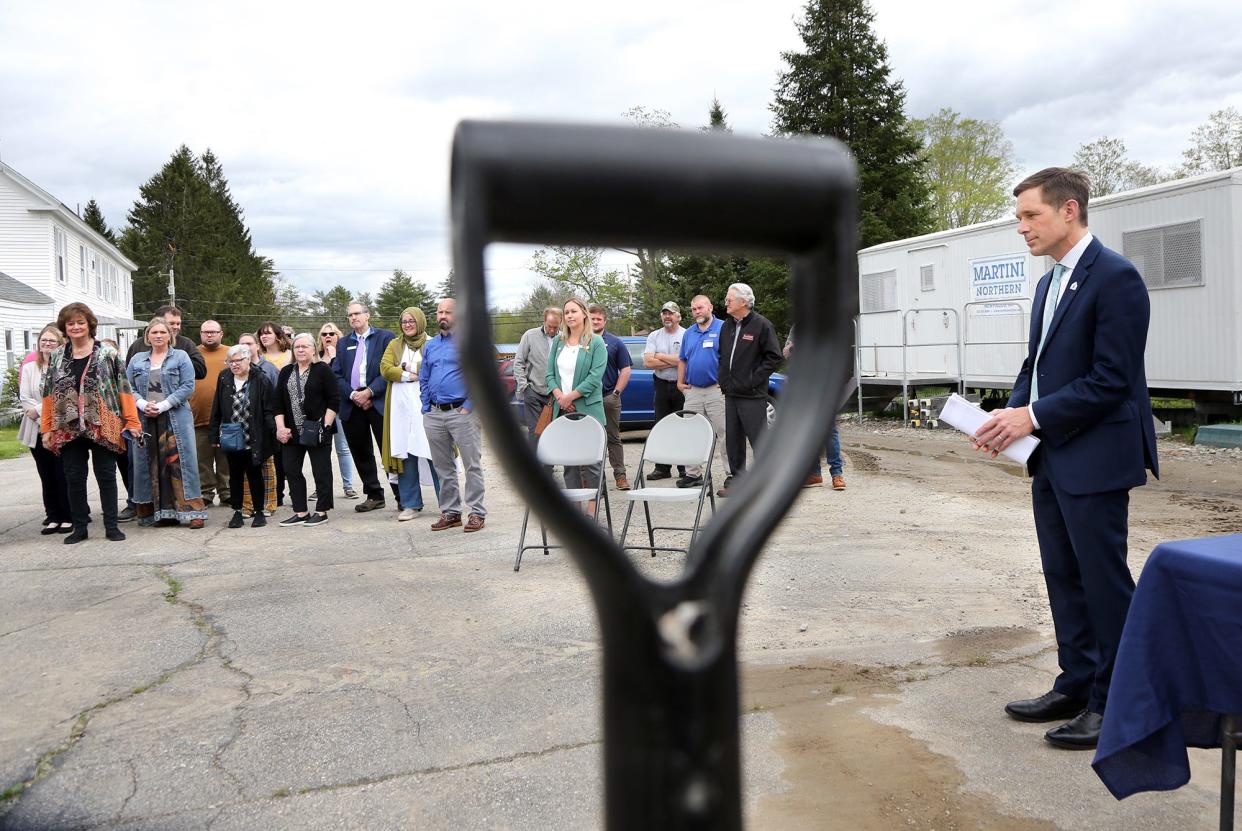 Rob Dapice, Managing Director of New Hampshire Housing's Management and Development Division waits to speak during the groundbreaking ceremony of Redberry Farm in Epping May 9, 2024.