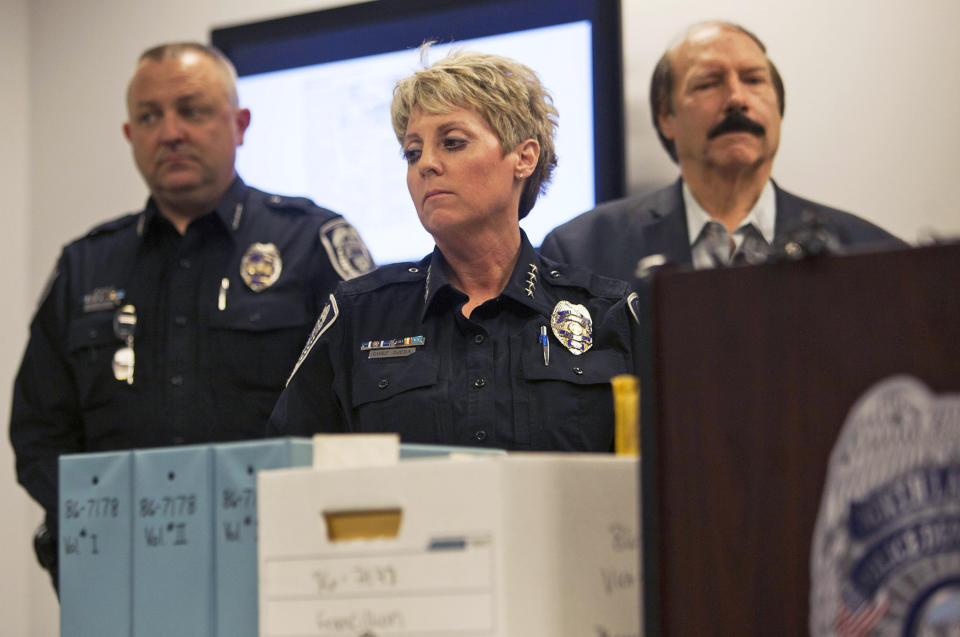 North Las Vegas Police Department Chief Pamela Ojeda attends a press conference to discuss new discoveries in the case of the disappearance of the 3-year-old Francillon Pierre, who vanished in 1986, at the North Las Vegas Detective Bureau in North Las Vegas, Monday, Feb. 11, 2019. (Rachel Aston/Las Vegas Review-Journal via AP)