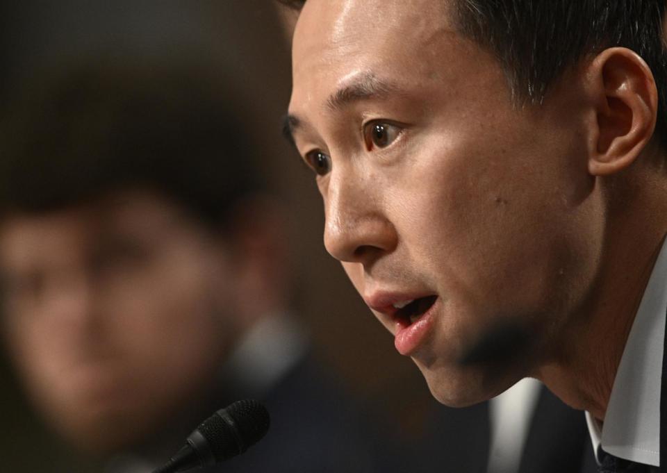 PHOTO: Shou Zi Chew, CEO of TikTok, testifies during the US Senate Judiciary Committee hearing, 'Big Tech and the Online Child Sexual Exploitation Crisis,' in Washington, DC, on January 31, 2024. (Brendan Smialowski/AFP via Getty Images)