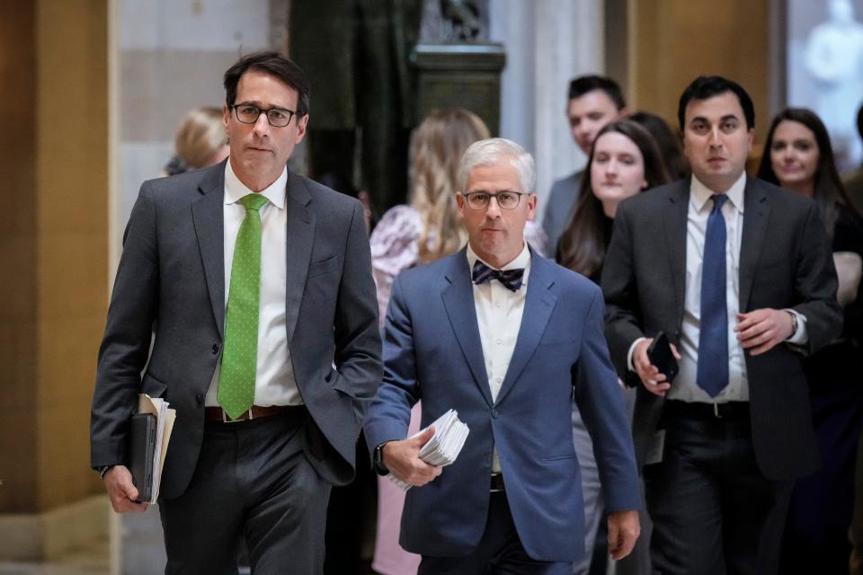 WASHINGTON, DC - MAY 31: (L-R) Rep. Garret Graves (R-LA) and Rep. Patrick McHenry (R-NC) walk through Statuary Hall before a procedural vote ahead of the final vote for H.R. 3746 - Fiscal Responsibility Act of 2023 at the U.S. Capitol May 31, 2023 in Washington, DC. The House of Representatives is expected to vote Wednesday night on The Fiscal Responsibility Act, legislation negotiated between the White House and House Republicans to raise the debt ceiling until 2025 and avoid a federal default. (Photo by Drew Angerer/Getty Images) ORG XMIT: 775984265 ORIG FILE ID: 1258334131