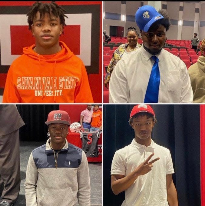 Jenkins Football Signing Day (from top left-right): Keshon Leggett signed with Savannah State; Joshua Gadson signed with Allen Univeristy; Joshua Pridgen signed with Northern Illinois University and Troy Smith signed with Shaw University.