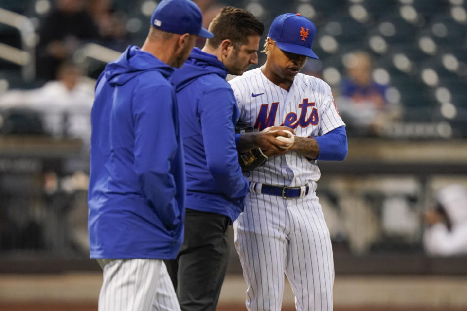 New York Mets starting pitcher Marcus Stroman speaks to staff during the second inning of a baseball game against the Atlanta Braves Tuesday, June 22, 2021, in New York. (AP Photo/Frank Franklin II)