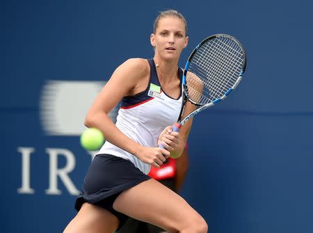 Aug 9, 2017; Toronto, Ontario, Canada; Karolina Pliskova of the Czech Republic plays a shot against Anastasia Pavlyuchenkova of Russia (not pictured) during the Rogers Cup tennis tournament at Aviva Centre. Mandatory Credit: Dan Hamilton-USA TODAY Sports