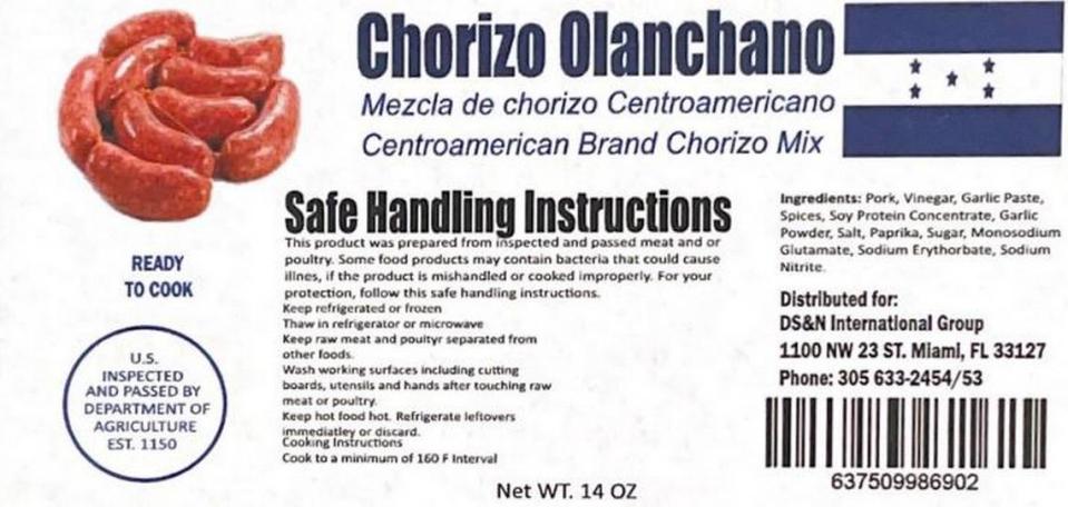 The Chorizo Olanchano label with the fake USDA inspection label on the lower left and the long-dissolved Miami business in the lower right.