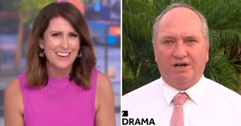 Sunrise host Nat Barr speaks with Deputy Prime Minister Barnaby Joyce via video link. Photo: Channel 7.