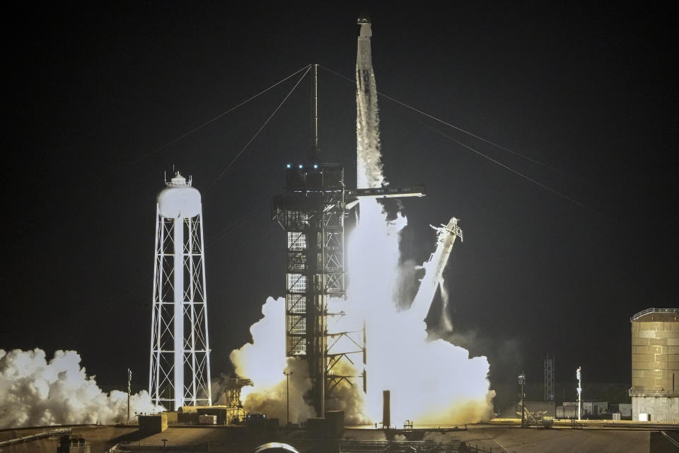 A SpaceX Falcon 9 rocket with a crew of four lifts off from pad 39A at the Kennedy Space Center in Cape Canaveral, Fla., Tuesday, Sept. 10, 2024. (AP Photo/John Raoux)