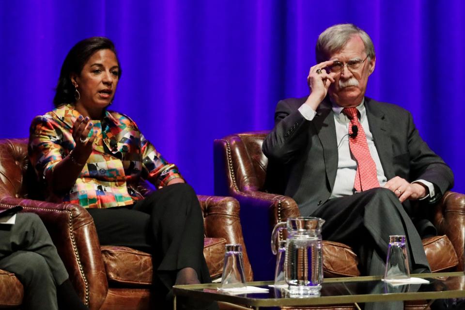 Former national security advisers Susan Rice and John Bolton take part in a discussion at Vanderbilt University in Nashville, Tennessee: AP