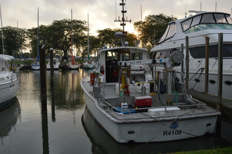 Research cruises to collect water samples from Lake Erie’s harmful algae bloom are led by the NAtional Oceanic and Atmospheric Administration. The vessel, R4108, is packed with equipment for a sampling cruise in September 2023.