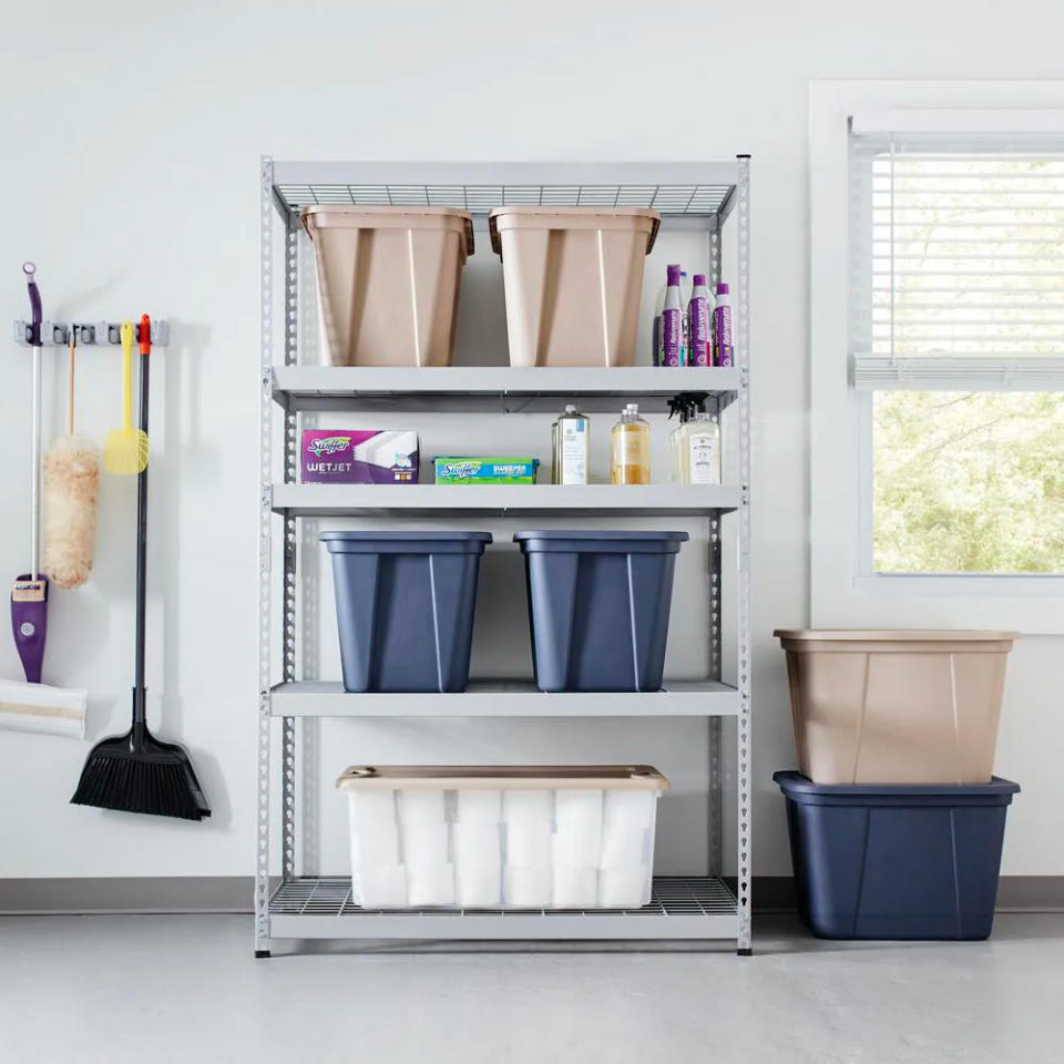 husky silver metal shelves in garage