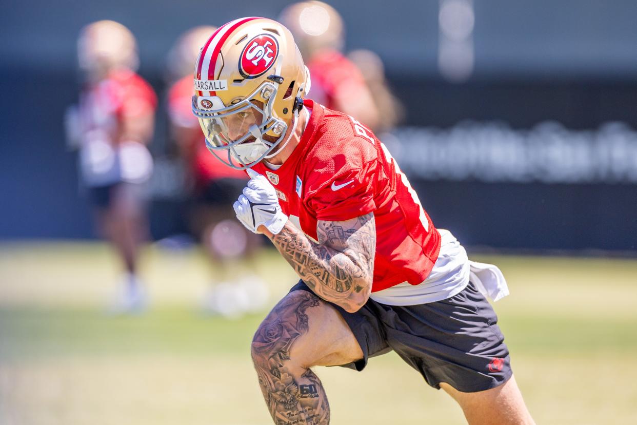 May 10, 2024; Santa Clara, CA, USA; San Francisco 49ers wide receiver Ricky Pearsall (14) runs drills during the 49ers rookie minicamp at LeviÕs Stadium in Santa Clara, CA. Mandatory Credit: Robert Kupbens-USA TODAY Sports