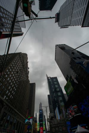 General view of Times Square as the wire is set for Aerialist Wallenda as he prepares for a highwire walk over Times Square in New York